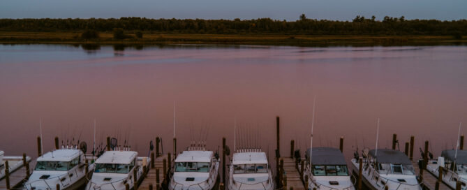 Marina at sunset with boats docked on calm water.
