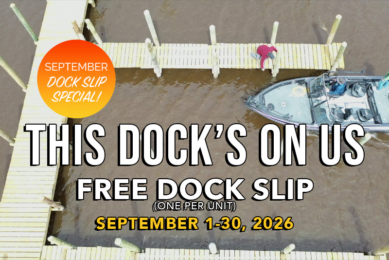 Aerial view of dock and boat with promotion