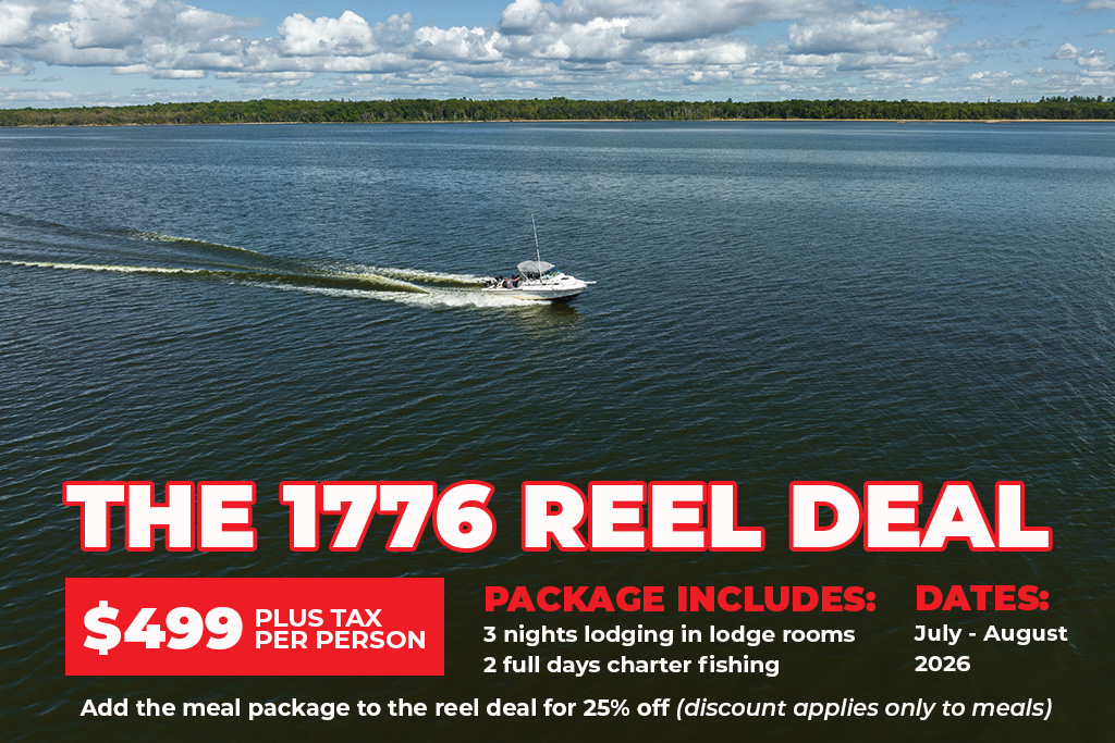 Fishing boat on lake promoting 1776 Reel Deal